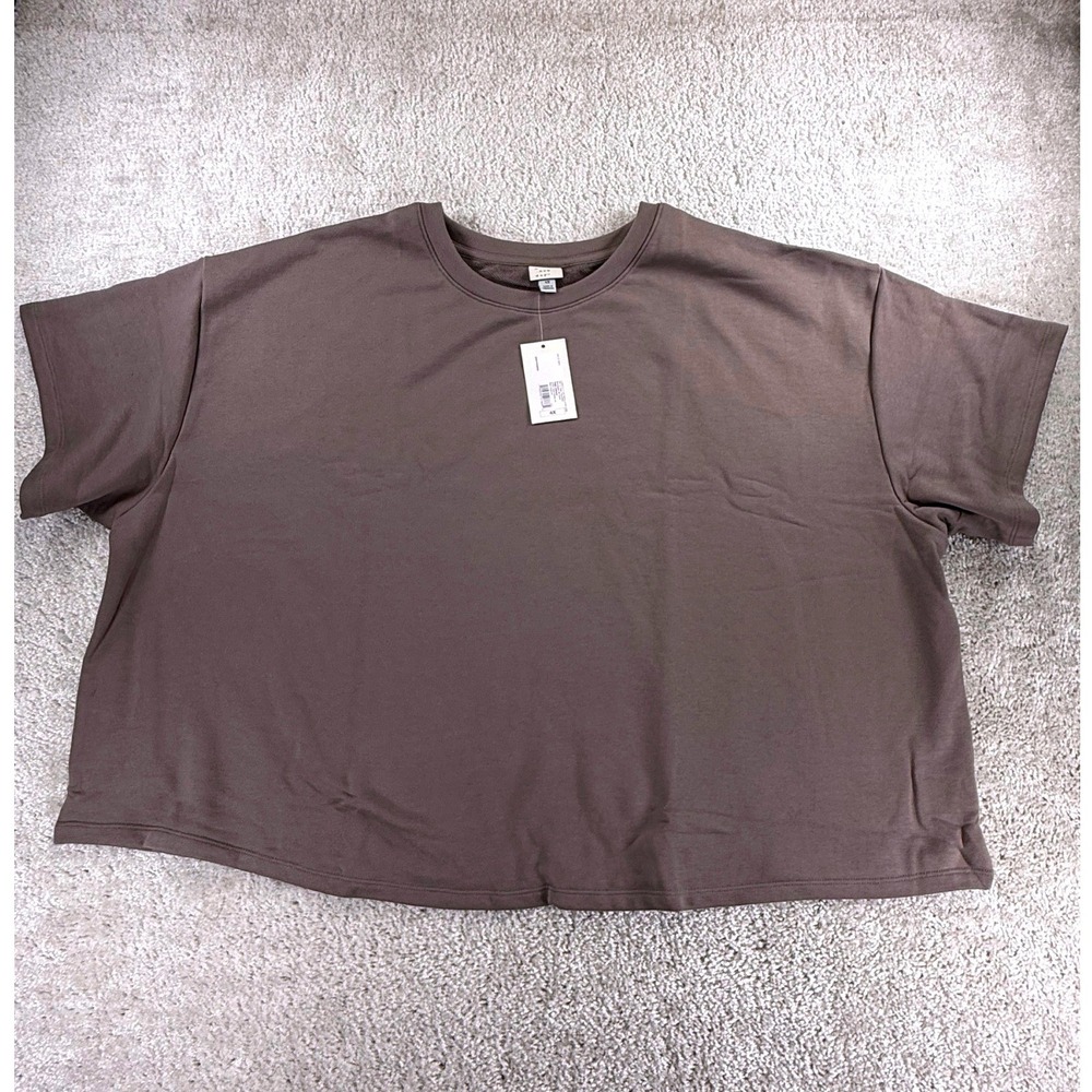 A New Day Womens 4X Taupe Brown Short Sleeve Boxy French Terry Sweatshirt NWT